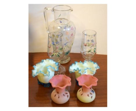 Pair of Victorian Burmese glass vases, a pair of opaque frilled glass vases and an enamel decorated lemonade jug, 25cm high a