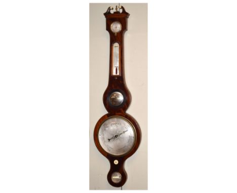 19th Century mahogany-cased wheel or banjo barometer, J. Pini, 13 Bald's Gard's, Leath'r Lane, silvered main dial reading fro