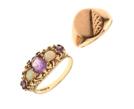 Two 9ct gold rings, the first set three amethyst-coloured stones and two opal cabochons, size J, the second a signet ring, si