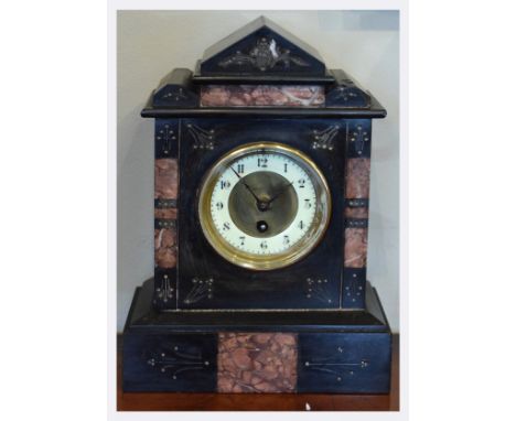 Late 19th Century French black slate and rouge marble mantel clock, cream Arabic chapter ring, single-train timepiece movemen
