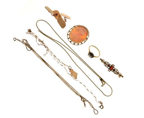 Assorted gold and yellow metal jewellery to include; cameo brooch, garnet-set bar brooch, 18ct gold diamond and sapphire clus