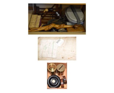 Assorted collectables to include; vintage pipe rack in the form of a five-bar gate, microscope objectives, turned wooden boxe