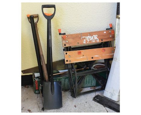 Quantity of garden tools, Black &amp; Decker workmate, Bosch electric hedge trimmer, shooting stick etc  