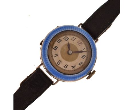 Early to mid 20th Century lady's silver and enamel cased wristwatch, blue enamel bezel, leather strap  