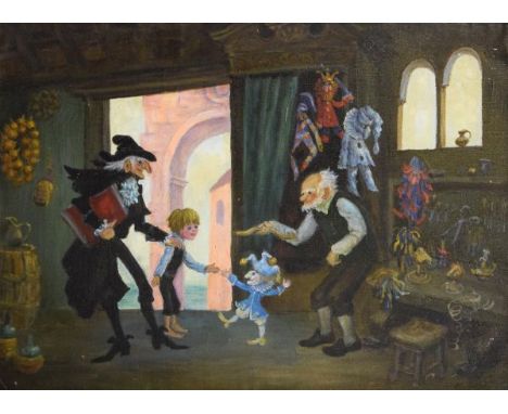 Russian School (20th Century) - Oil on canvas - 'The Puppet Master', indistinctly signed lower right, inscribed in Cyrillic v