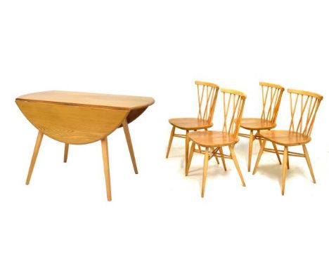 Ercol - Light elm dining suite comprising: oval drop leaf dining table, raised on beech supports, 112cm x 122cm, together wit