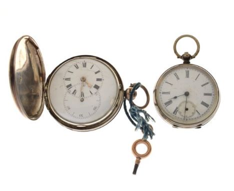 Georgian silver full hunter-cased pocket watch, white enamel convex Roman dial with overlapping seconds dial signed verge fus