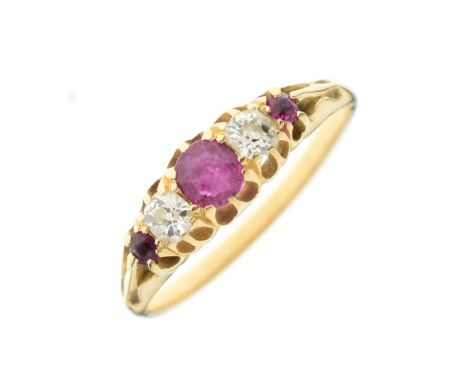 Yellow metal, diamond and ruby five-stone ring, set central ruby within two diamonds and two smaller rubies, size N, 2.6g gro