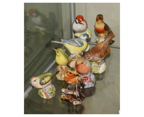 Royal Worcester birds - Hedge Sparrow 333, Great Tit 3335, Robin 3197, Wood Warbler 3200, Gold Crest 3338 and three other bir