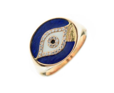 Yellow metal, enamel and diamond signet ring with 'All Seeing Eye' design, shank stamped 750, size N, 8.7g gross approx  