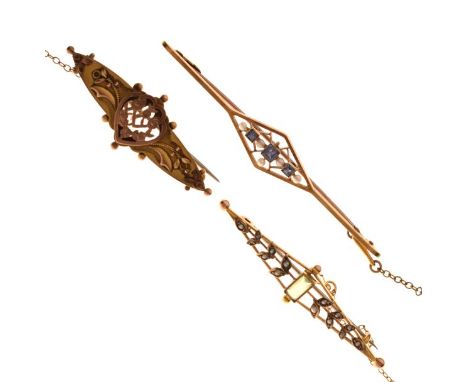 Three various yellow metal brooches comprising: sapphire and seed pearl-set bar brooch stamped 15ct, together with two 9ct go