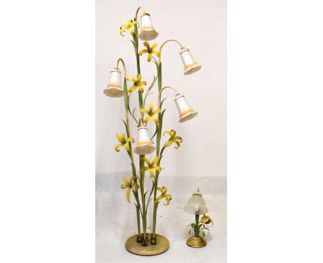 Floor standing painted metal standard lamp with flowering plant decoration and bell-shaped shades, 158.5cm high, together wit