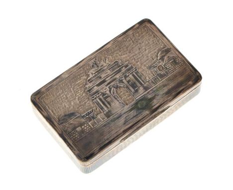 Silver and niello snuff box having decoration of a classical arch, the reverse depicting a border crossing, 1.7toz approx, 6.