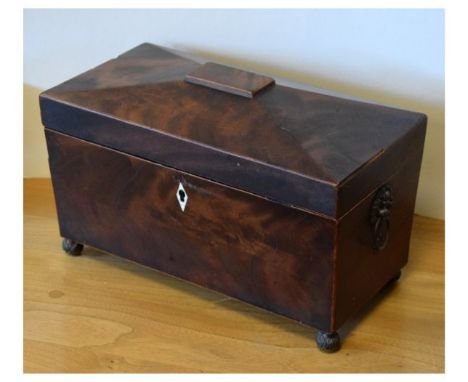 Regency mahogany sarcophagus tea caddy enclosing two rectangular cannisters, 30.5cm wide  