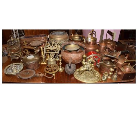 Large collection of assorted brass, copper and other metalwares to include; kettles, planters, cast lion mask door knocker, e