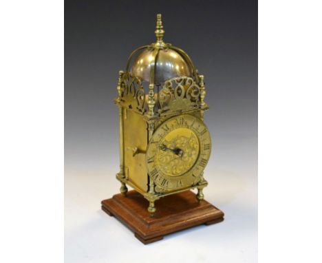 20th Century reproduction brass 'Lantern Clock' with engraved Roman dial and two-train movement, the case with strapped bell 