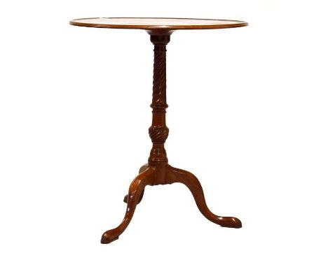 19th Century mahogany and string inlaid oval dish top tripod table on turned barley twist column and tripod base, 62cm wide  