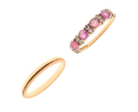 9ct gold, ruby and diamond dress ring set four rubies and five pairs of small diamond brilliants, size O½, together with an u