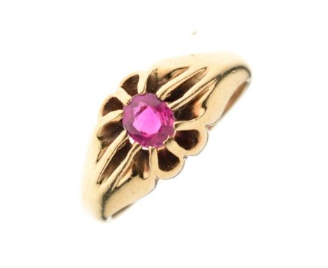 Yellow metal and ruby dress ring, with 'Gypsy'-set stone, size S, 6.6g gross approx  