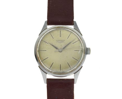 Longines - Gentleman's vintage stainless steel-cased wristwatch, champagne dial with baton hours, markers and centre seconds,