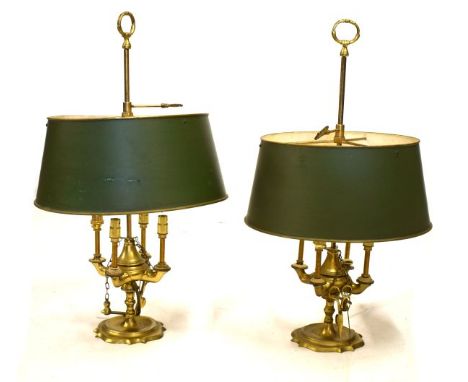 Pair of brass and toleware table lamps, each of four-light design, 57cm high  