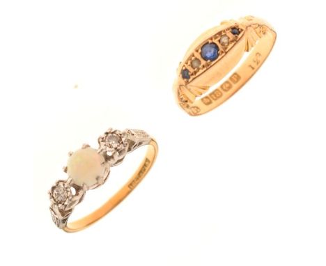 18ct gold and sapphire ring, Birmingham 1914, size M½, together with a yellow metal, opal and diamond ring with central opal 