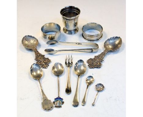 Various silver items to include; a pair of white metal caddy spoons, Elizabeth II silver cup, London 1960 etc, 6.2toz approx 