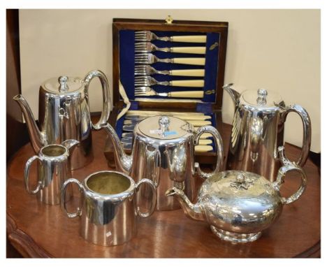 Selection of 20th Century silver-plated ware to include; five piece tea service, cased fish cutlery etc  