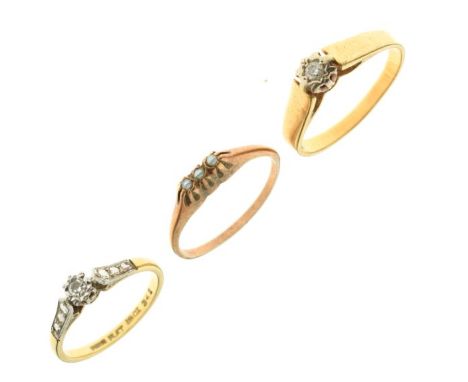 Three yellow metal rings, the first two diamond-set, stamped 18ct Plat, together with a third yellow metal ring set three see