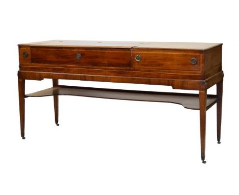 Georgian mahogany and string inlaid converted square piano, keys removed as sideboard or dressing table, with internal oval e