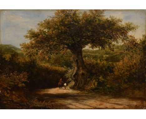 English School (Second quarter 19th Century) - Oil on board - Two figures on a country track, one on horseback, apparently un