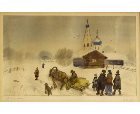 Russian School (20th Century) - Watercolour - Winter snow scene with figures, horse and sledge before a village church, inscr