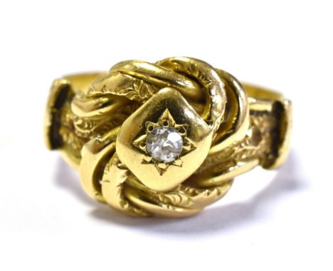 VICTORIAN 18CT GOLD &amp; DIAMOND KNOT RING 11.6mm wide lovers knot motif head, set with an old Swiss cut diamond estimated 0