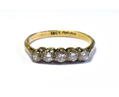 18CT OLD CUT DIAMOND FIVE STONE RING five platinum coronet claw settings containing early modern brilliant cut diamonds, esti