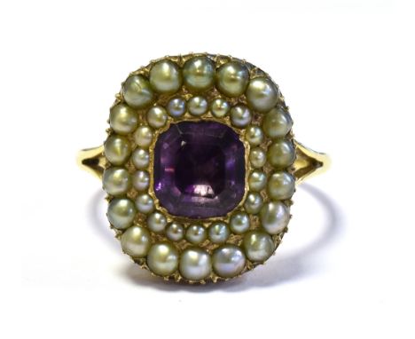 GEORGIAN AMETHYST &amp; SEED PEARL RING mounted in 18ct gold, 16.9 x 14.6mm oval head with collet set octagonal step cut amet