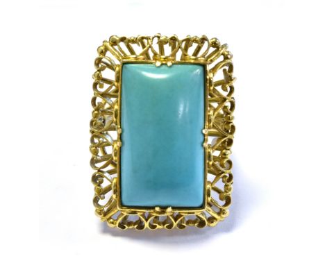 14CT GOLD &amp; TURQUOISE COCKTAIL RING set with a turquoise rectangular cabochon, approx 19.4 x 11.1mm, surrounded by a fram