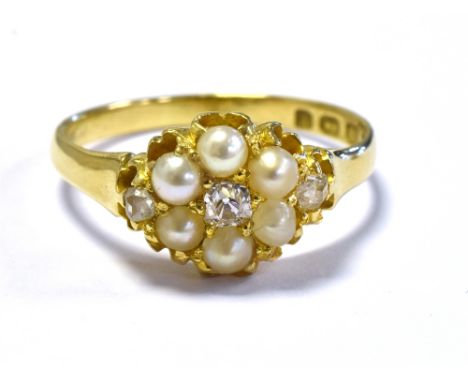 VICTORIAN 18CT PEARL &amp; DIAMOND RING 9.4mm diameter floral cluster, set with a central old mine cut diamond, estimated 0.1