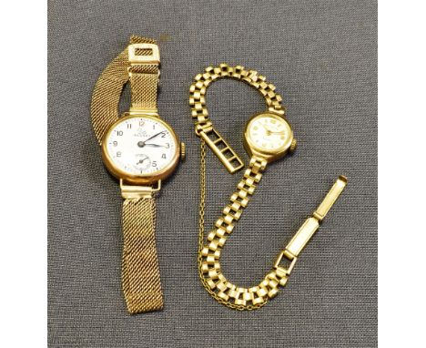 TWO 9CT GOLD LADIES VINTAGE WATCHES one 15.3mm round case, stamped '.375' dial signed Rotary, with block work link bracelet, 