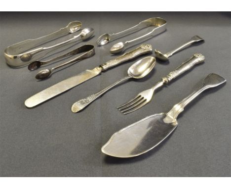 ANTIQUE STERLING SILVER ITEMS to include; two Georgian silver sugar tongs, Mappin &amp; Webb tongs, Georgian butter knife hal