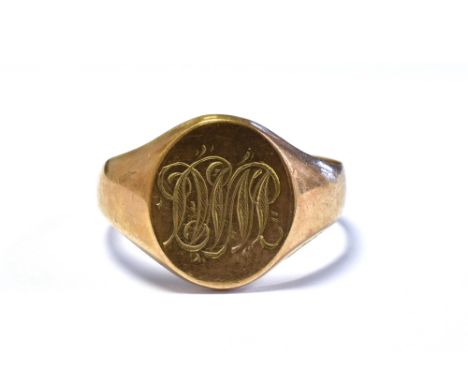 9CT GOLD SIGNET RING Oval monogrammed head and integral shank, ring size S.  Hallmarked 9.375 Birmingham 1916.  Weight 2.6 gr