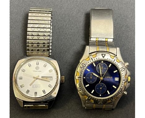 VINTAGE GENTS TRESSA &amp; LORUS WATCHES an automatic vintage Tressa, 35.2mm stainless steel, cushion shaped case, with day a