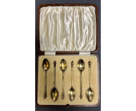 ART DECO SILVER &amp; ENAMEL COFFEE SPOONS a set of six in original case, silver gilt with guilloche enamel bowls in various 