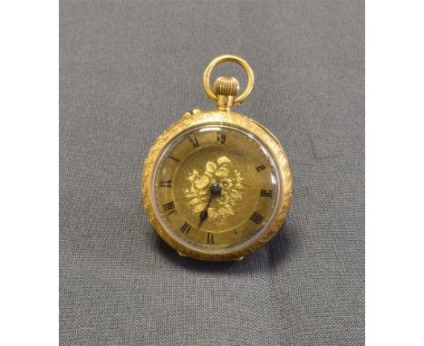 18CT GOLD LADIES OPEN FACE POCKET WATCH 33.3mm diameter intricately engraved dust cover and sides, engine turned engraving to