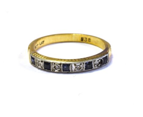 18CT SAPPHIRE &amp; DIAMOND ETERNITY 2.7mm wide platinum mounted head, grain set with single cut diamonds and carre cut sapph