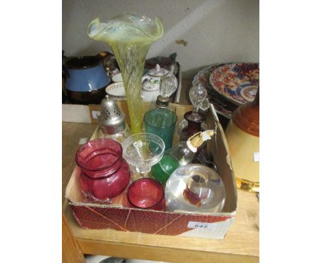 Two silver mounted glass perfume bottles, various items of green, ruby and cranberry glass and a small 19th Century pedestal 