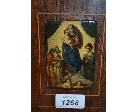 Rosewood framed miniature oil painting, portrait of the Madonna and child with figures in attendance