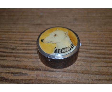 Small circular silver trinket box, the hinged lid inset with a hand painted portrait of a dog