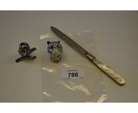 925 Silver fox head vesta case together with a Continental silver figure of an owl and a silver bladed mother of pearl fruit 