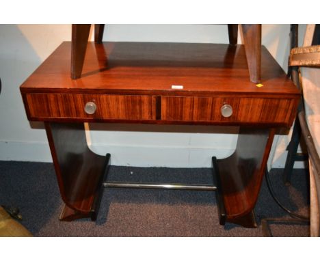 French design rosewood console table having two short drawers with polished steel knob handles and shaped supports united by 