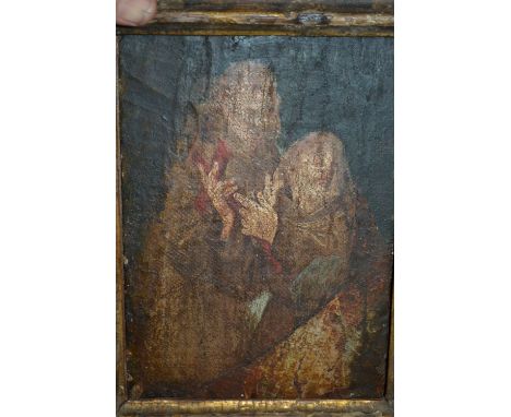 17th / 18th Century oil on canvas laid onto panel, portrait of two religious figures with a cross, 8ins x 6ins